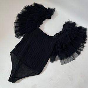 Free People Black Ruffle Shoulder Bodysuit
